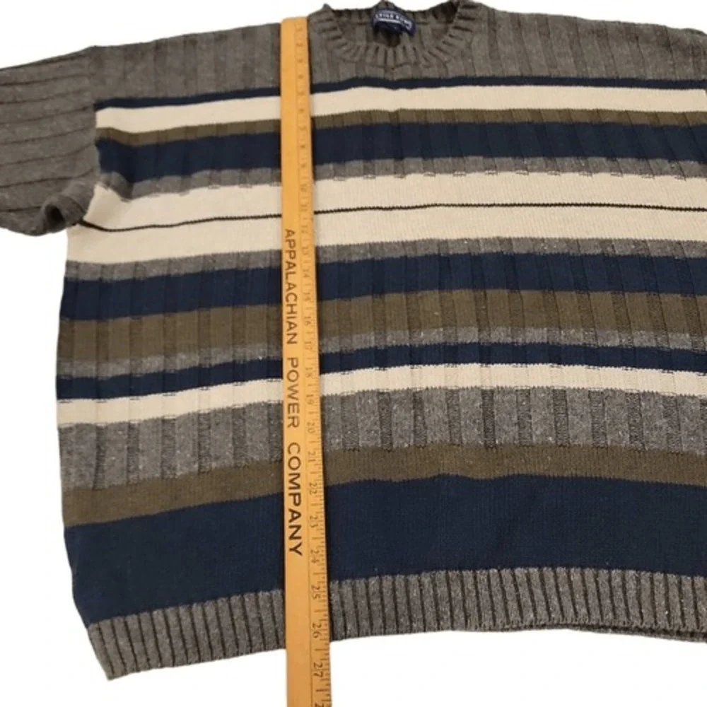 Savile Row Mens Large Striped Ribbed‎ Knit Sweater Grey Navy Ramie Cotton Blend